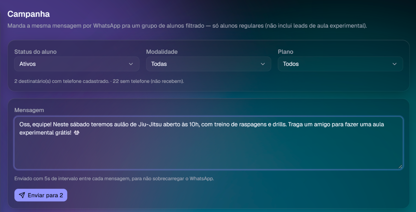 Tela de campanha por WhatsApp com filtros de status, modalidade e plano